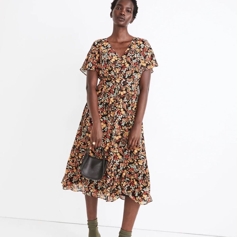 Madewell Dolman-Sleeve Ruffle-Hem Midi Dress in Flower Garden
